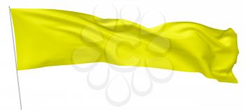 Long yellow flag on flagpole flying and waving in wind isolated on white background, 3d illustration.