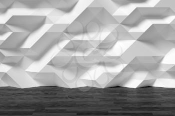 Abstract white room wall with futuristic bumpy polygonal geometric surface and black wooden parquet floor 3d illustration