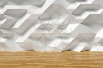 Abstract white room wall with futuristic bumpy polygonal geometric surface and wooden parquet floor 3d illustration