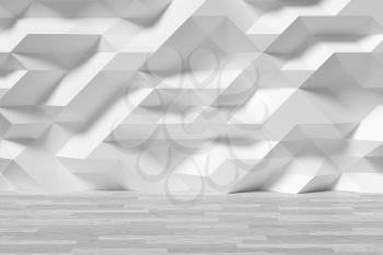 Abstract white room wall with futuristic bumpy polygonal geometric surface and white wooden parquet floor 3d illustration