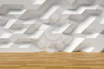 White abstract room wall with futuristic bumpy polygonal geometric surface and wooden parquet floor 3d illustration