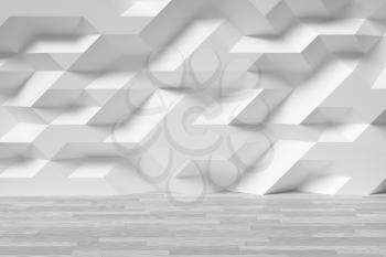 White abstract room wall with futuristic bumpy polygonal geometric surface and white wooden parquet floor 3d illustration