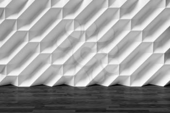 Abstract white room wall with futuristic bumpy polygonal geometric surface and black wood parquet floor 3d illustration
