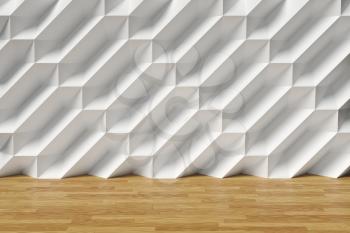 Abstract white room wall with futuristic bumpy polygonal geometric surface and brown wood parquet floor 3d illustration