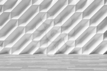 Abstract white room wall with futuristic bumpy polygonal geometric surface and white wood parquet floor 3d illustration