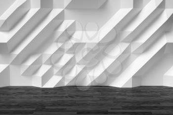 White abstract room wall with futuristic bumpy polygonal geometric surface and black wood parquet floor 3d illustration