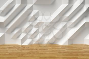 White abstract room wall with futuristic bumpy polygonal geometric surface and brown wood parquet floor 3d illustration