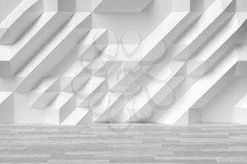 White abstract room wall with futuristic bumpy polygonal geometric surface and white wood parquet floor 3d illustration