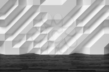Abstract white room wall with futuristic bumpy polygonal geometric surface and wooden black parquet floor 3d illustration