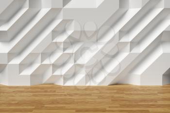 Abstract white room wall with futuristic bumpy polygonal geometric surface and wood parquet floor 3d illustration