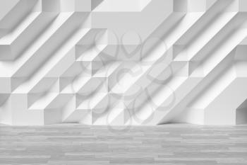 Abstract white room wall with futuristic bumpy polygonal geometric surface and wooden white parquet floor 3d illustration