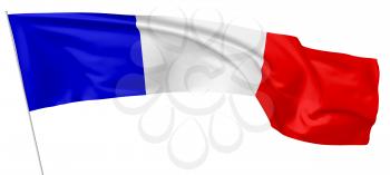 Long national flag of French Republic (France) with flagpole flying in the wind and waving isolated on white background 3d illustration