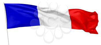Long national flag of French Republic (France) with flagpole flying in the wind and waving isolated on white background 3d illustration.