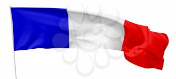 Long national flag of French Republic (France) with flagpole flying in the wind and waving, isolated on white background, 3d illustration