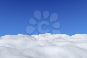 White snowy field with hills and smooth snow surface under bright clear winter blue sky winter arctic minimalist landscape 3d illustration.