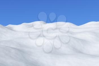 White snowy field with hills and smooth snow surface under bright clear winter blue sky arctic winter minimalist landscape, 3d illustration