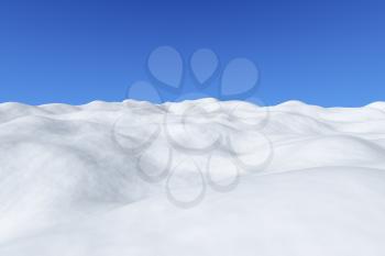 White snowy field with hills and smooth snow surface under bright clear winter blue sky arctic winter minimalist landscape, 3d illustration.