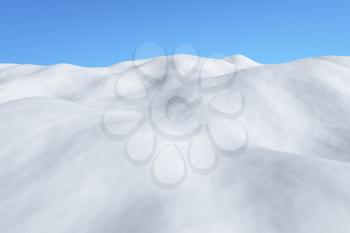 White snowy field with hills and smooth snow surface under bright clear winter blue sky minimalist winter arctic landscape 3d illustration