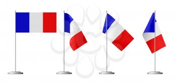 National flag of French Republic, small table flag of France on stand isolated on white, 3d illustrations set