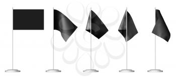 Small black table flag on stand isolated on white, 3D illustration set