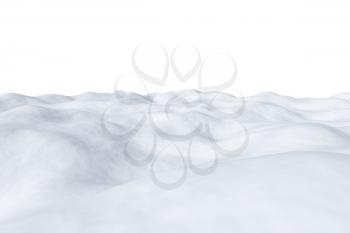 White snowy field with hills and smooth snow surface isolated on white, winter arctic minimalist 3d illustration.