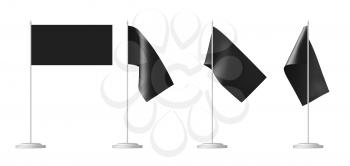 Small black table flag on stand set isolated on white, 3D illustration.