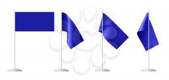 Small blue table flag on stand set isolated on white, 3D illustration.