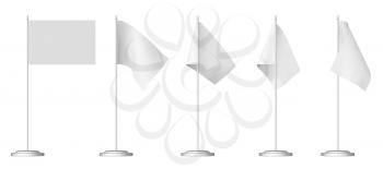 Small white table flag on stand set isolated on white, 3D illustration.