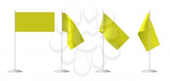 Small yellow table flag on stand set isolated on white, 3D illustration.