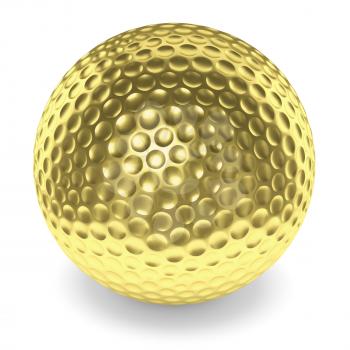 Golf sport competition winning and golf trophy concept: golden yellow shiny golfball with shadow isolated on white background 3d illustration