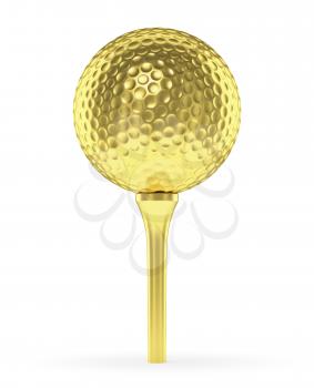 Golf sport competition winning and golf trophy concept: golden yellow shiny golf ball on tee isolated on white background 3d illustration