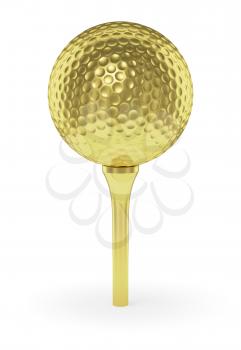 Golf sport competition winning and golf trophy concept: golden yellow shiny golf ball on tee with shadow, isolated on white background 3d illustration