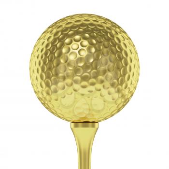 Golf sport competition winning and golf trophy concept: golden yellow shiny golf ball on tee closeup isolated on white background 3d illustration