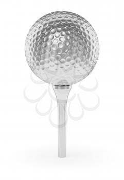 Golf sport competition winning and golf trophy concept: silver shiny golfball on tee with shadow isolated on white background 3d illustration
