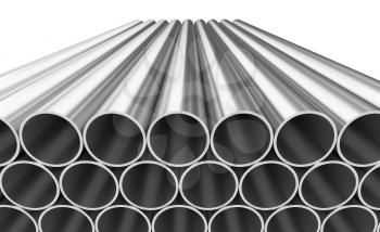 Manufacturing industry business production and heavy metallurgical industrial products creative abstract illustration: many shiny steel pipes isolated on white, industrial 3D illustration