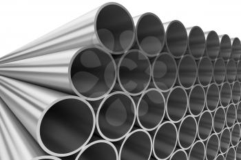 Manufacturing industry business production and heavy metallurgical industrial products creative abstract illustration: many shiny steel pipes lying in rows isolated on white, 3D illustration