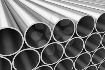 Manufacturing industry business production and heavy metallurgical industrial products creative abstract illustration: many shiny steel pipes lying in rows, industrial 3D illustration