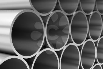 Manufacturing industry business production and heavy metallurgical industrial products creative abstract illustration: many shiny steel pipes closeup view, industrial 3D illustration