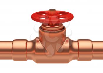 Plumbing or gas pipeline industrial metal construction: red valve on copper pipe of copper pipeline isolated on white background, industrial 3D illustration