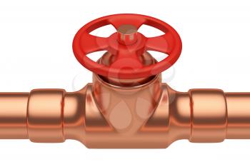 Plumbing or gas pipeline industrial metal construction: red valve on copper pipe of copper pipeline isolated on white background closeup, industrial 3D illustration