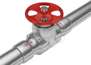 Plumbing or gas pipeline industrial metal construction: red valve on steel pipe of steel pipeline isolated on white background, industrial 3D illustration, diagonal view