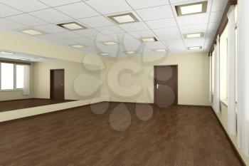 Empty training dance-hall with yellow walls, dark wooden parquet floor, white ceiling with lamps and window with white curtains, 3D illustration
