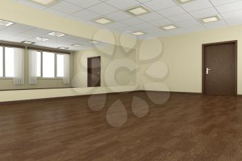 Empty training dance-hall with yellow walls, dark wooden parquet floor, white ceiling with lamps and window with white curtains, 3D illustration