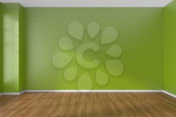 Empty room with green walls and wooden parquet floor under sunlight through window, 3D illustration