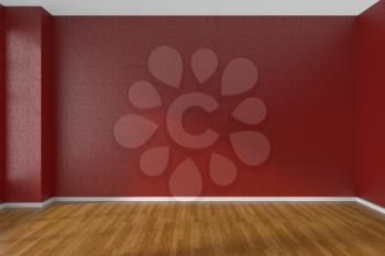 Empty room with red walls and wooden parquet floor under sunlight through window, 3D illustration
