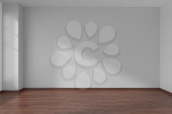 Empty room with white flat smooth walls and dark wooden parquet floor under sun light through window, 3D illustration