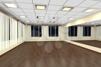 Empty training dance-hall at night with yellow walls, dark wooden parquet floor, white ceiling with lamps and window with white curtains, 3D illustration