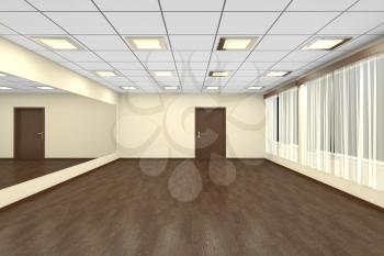 Empty training dance-hall at night with yellow walls, dark wooden parquet floor, white ceiling with lamps and window with white curtains, 3D illustration