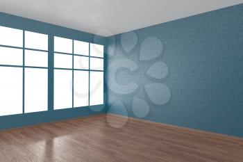 Corner of blue empty room with windows and wooden parquet floor, 3D illustration