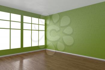 Corner of green empty room with windows and wooden parquet floor, 3D illustration